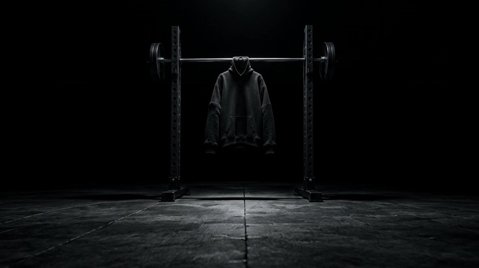 Heavyweight black hoodie hanging from a barbell in a dark gym